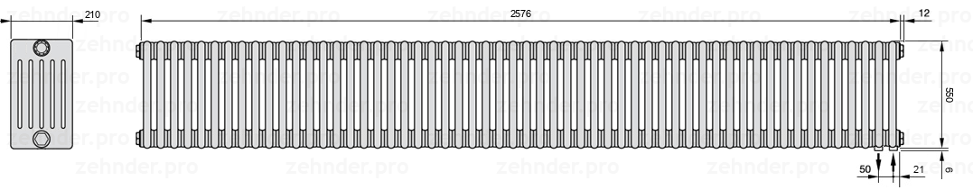Схема (чертеж) Радиатор Zehnder Charleston 6055/56 №5510 Белый глянцевый RAL 9016